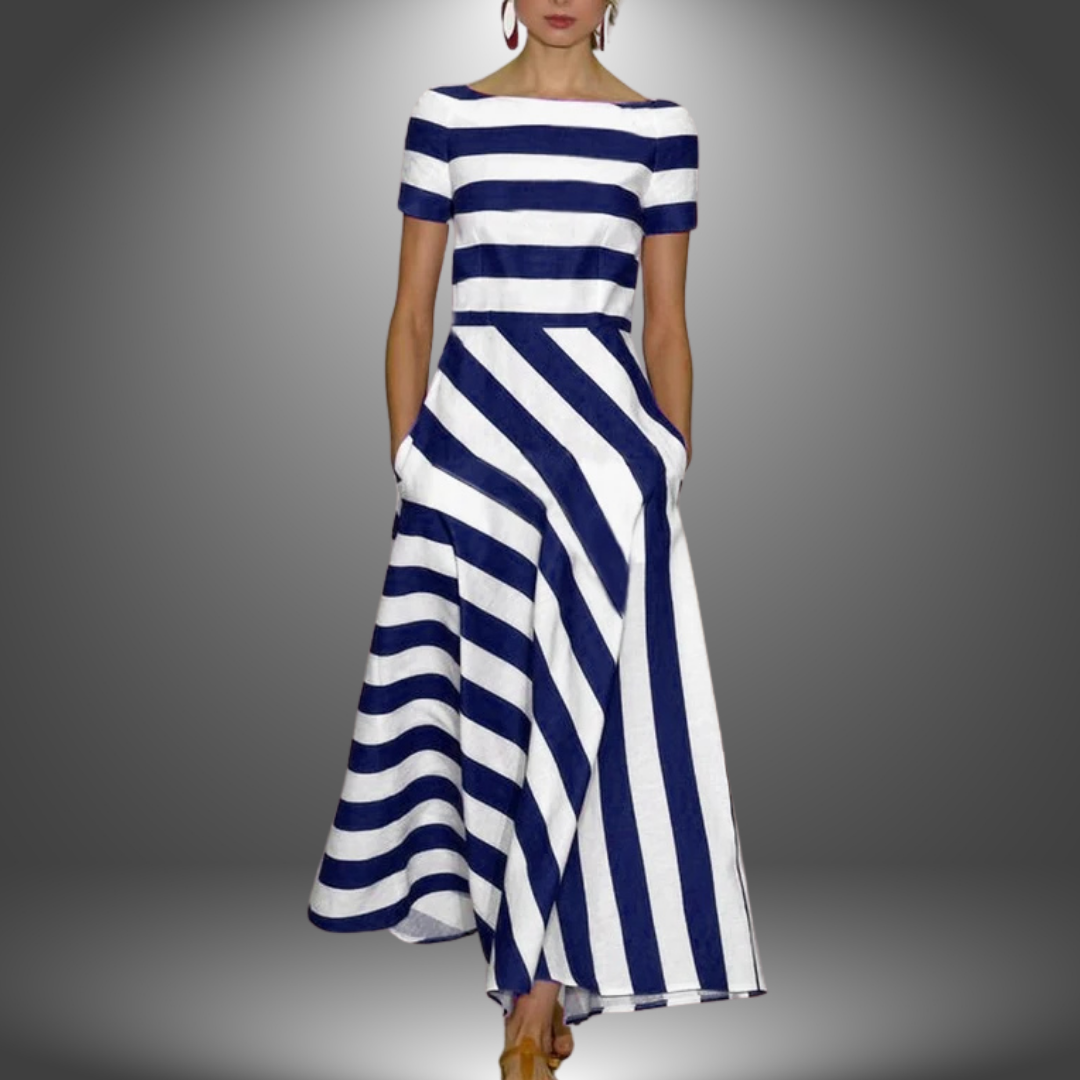 Lyric | Elegant Short-Sleeved Stripes Pocket Dress