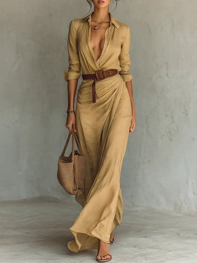 Calista | Long Maxi Dress with Lapel Collar and Belt Included