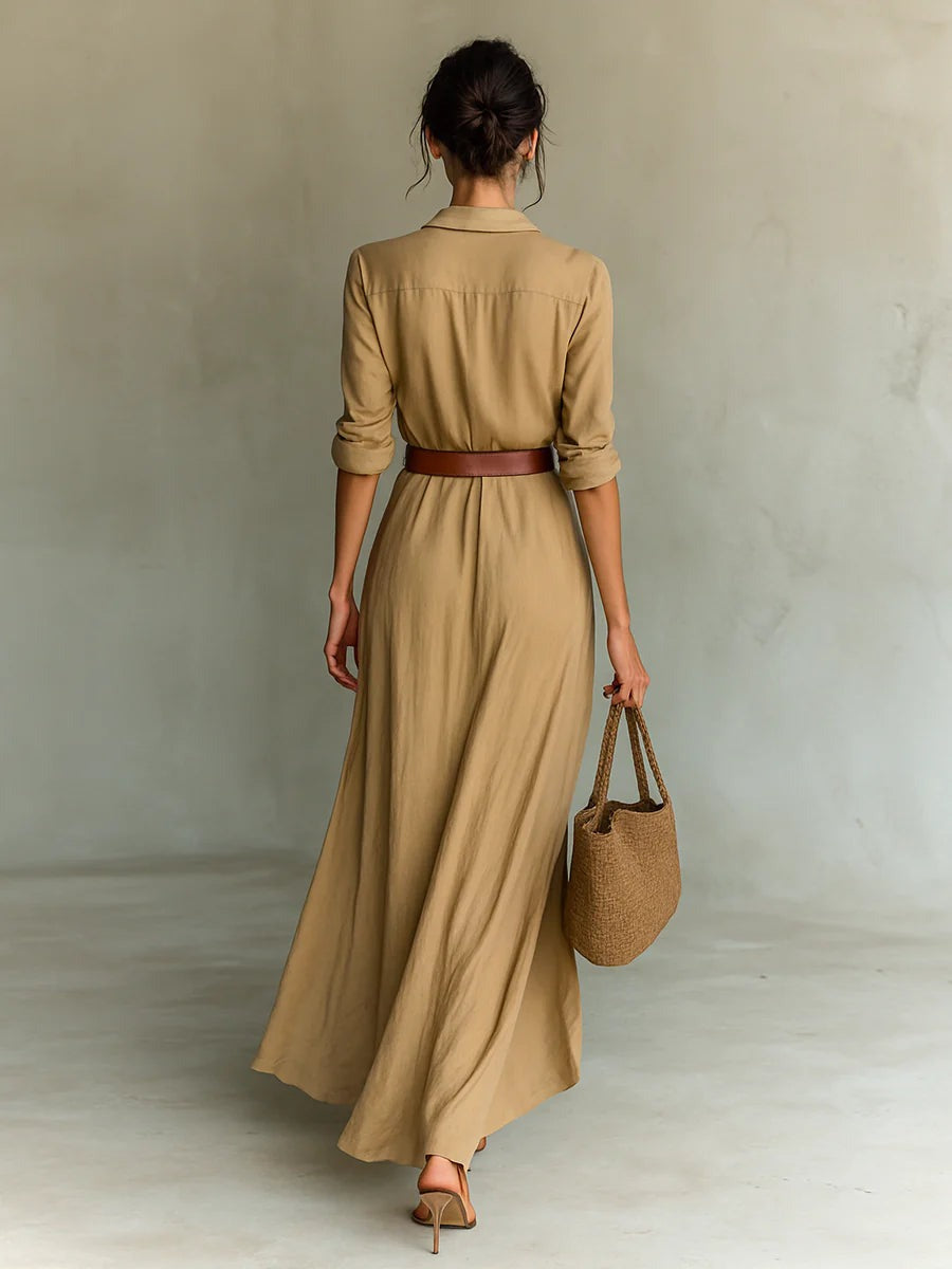 Calista | Long Maxi Dress with Lapel Collar and Belt Included