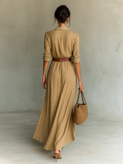 Calista | Long Maxi Dress with Lapel Collar and Belt Included