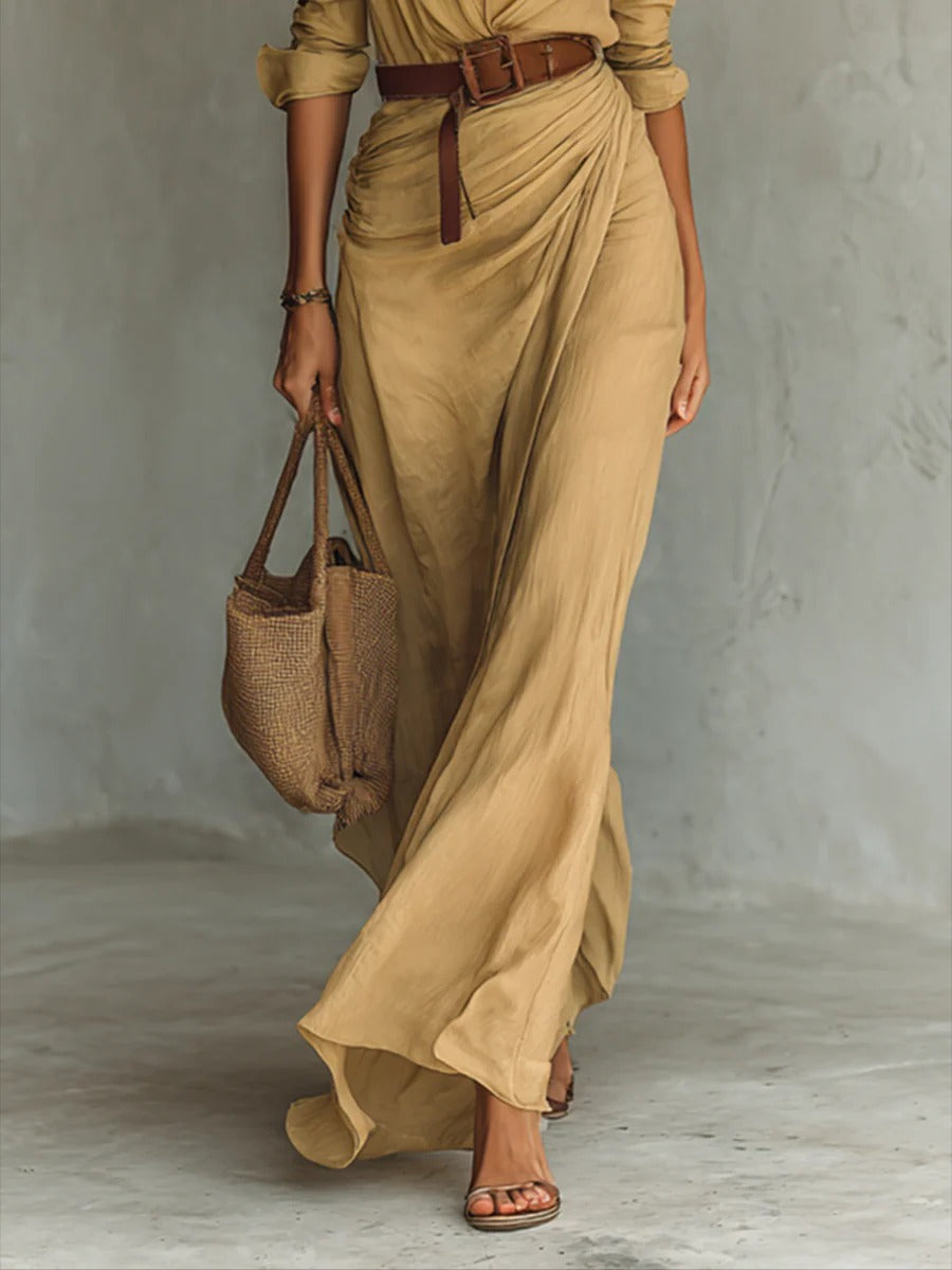 Calista | Long Maxi Dress with Lapel Collar and Belt Included