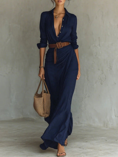 Calista | Long Maxi Dress with Lapel Collar and Belt Included