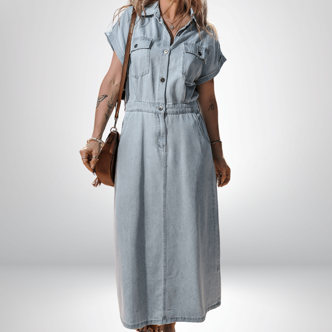 Paisley | Elegant Denim dress with Short Bat Sleeves