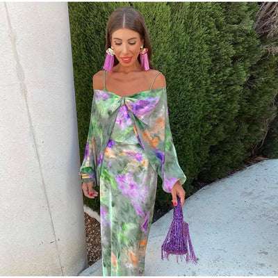 Yara | Elegant Maxi Dress with Halo-Dye Print and Removable Scarf Discounted price