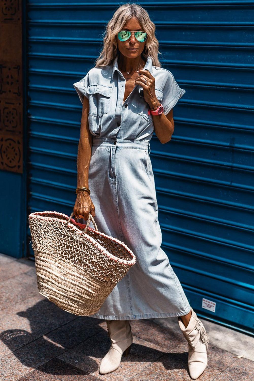 Paisley | Elegant Denim dress with Short Bat Sleeves