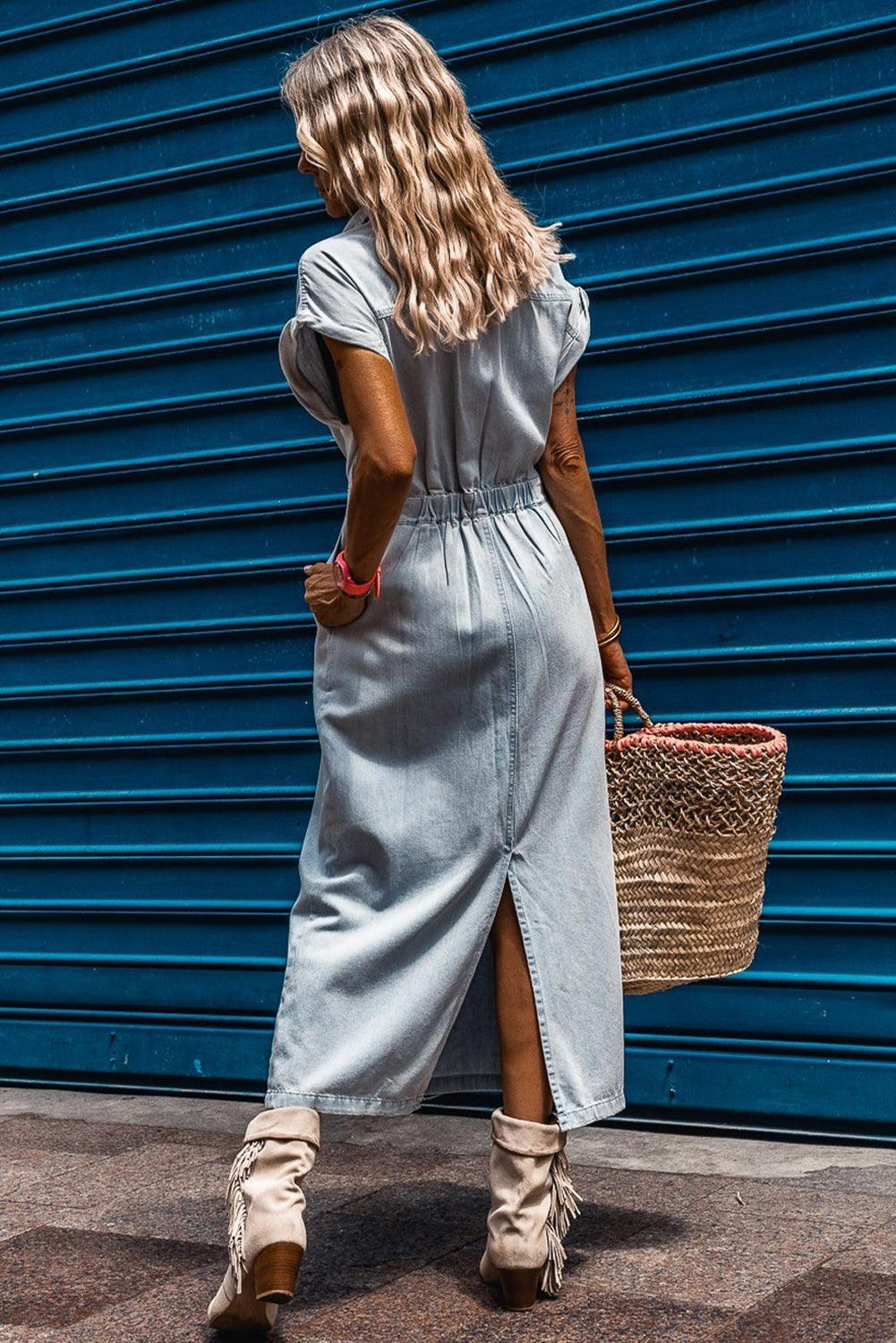 Paisley | Elegant Denim dress with Short Bat Sleeves