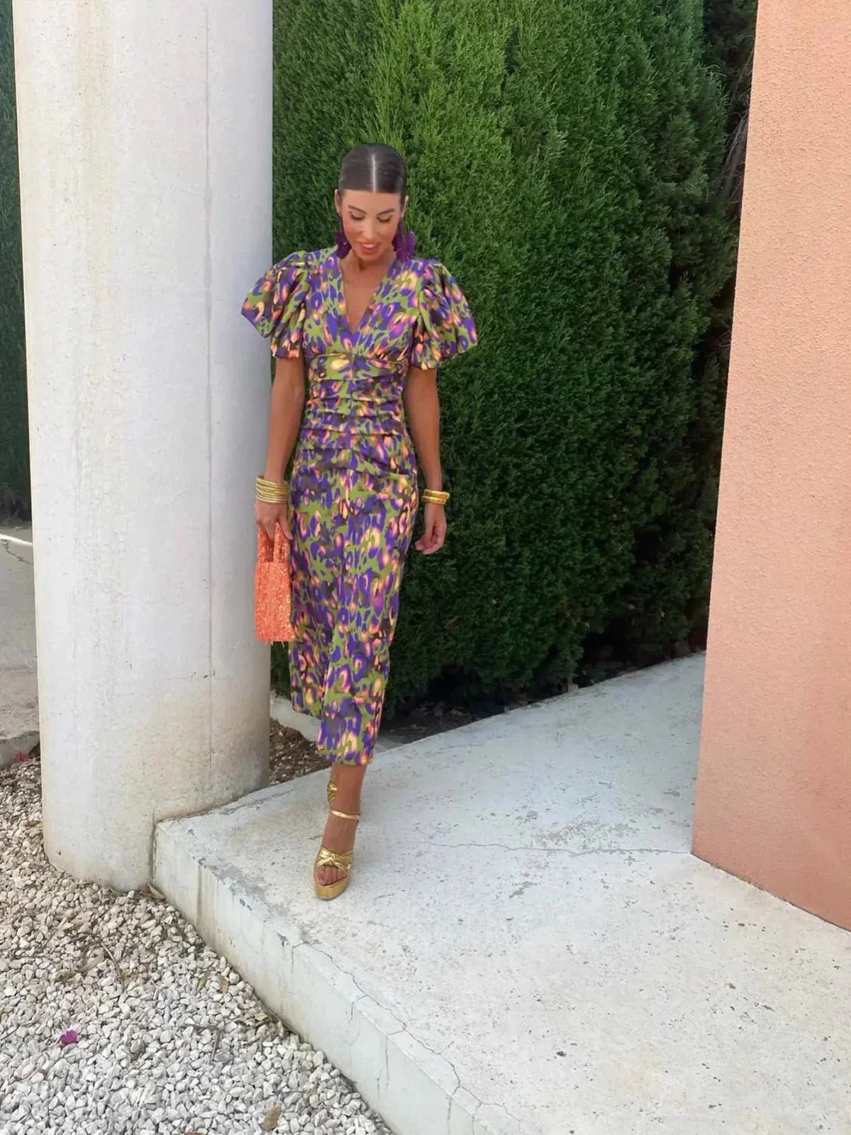 Briar | Colorful Midi Dress with Pleated Sleeves